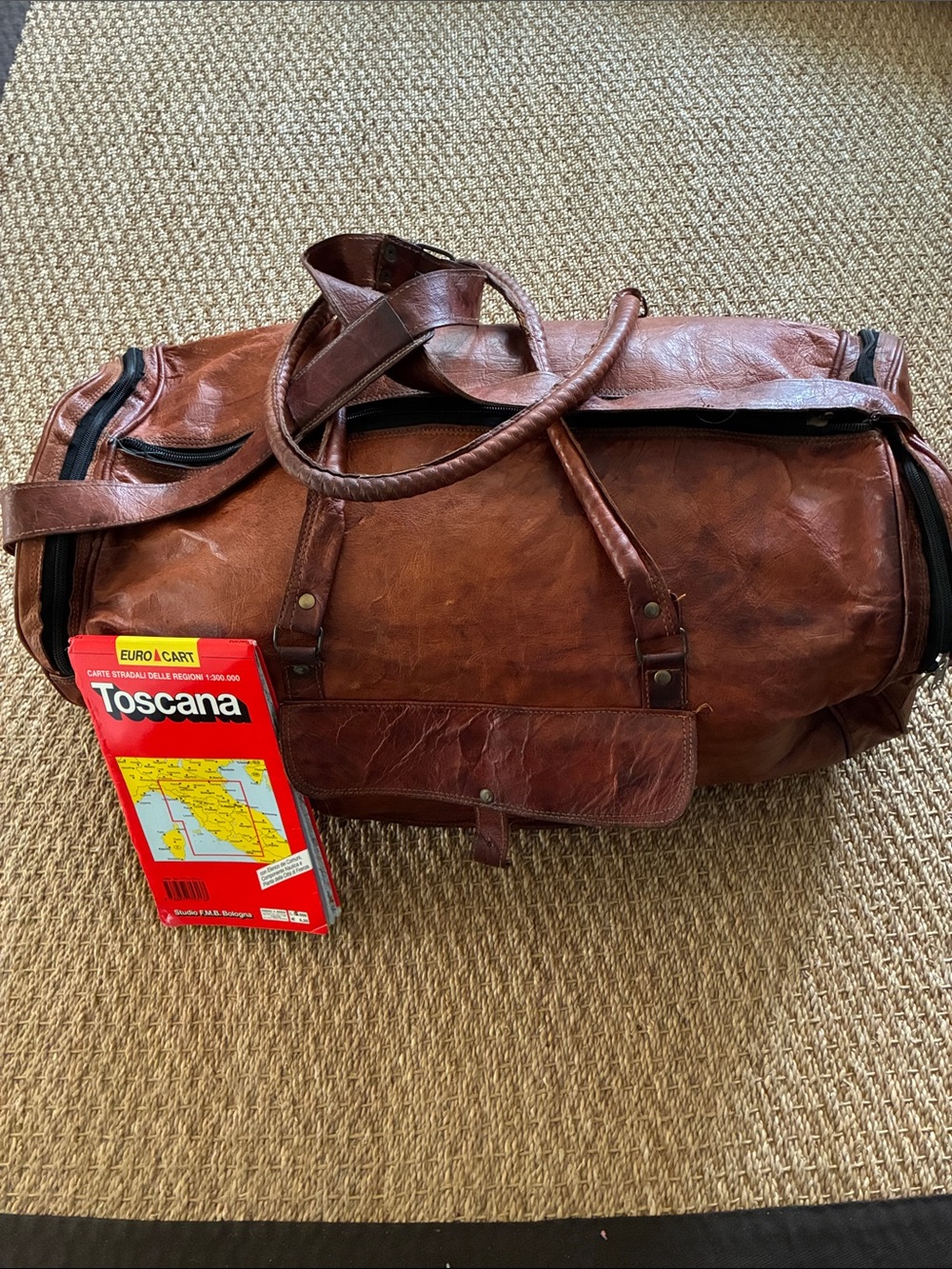 Large Vintage Classic Brown Real Leather Weekender Duffle Bag